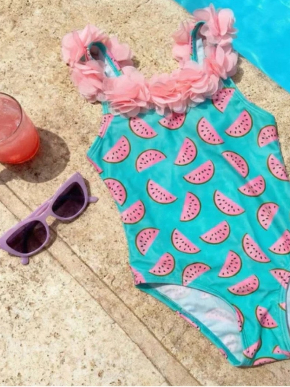 Baby Girl Swimsuit With Watermelon Print, and Pink Floral Trim, by Real Love